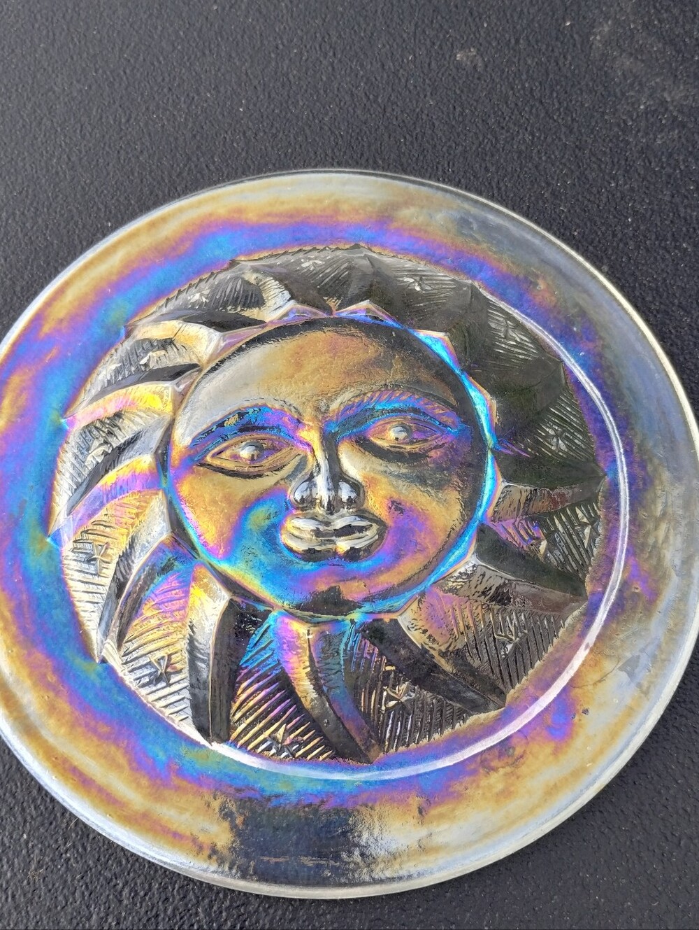 Iridescent Sun Face Round glass Plate  8 " blue purple carnival glass VINTAGE